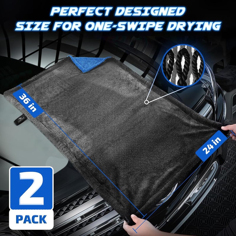SMINDER 2-Pack 1200 GSM Car Drying Towels – Microfiber Towels for Cars (36" x 24"), Ultra-Absorbent, Streak-Free, Scratch-Free, No Water Spots, Double-Twist Pile & Edgeless Design(Blue) - Image 3
